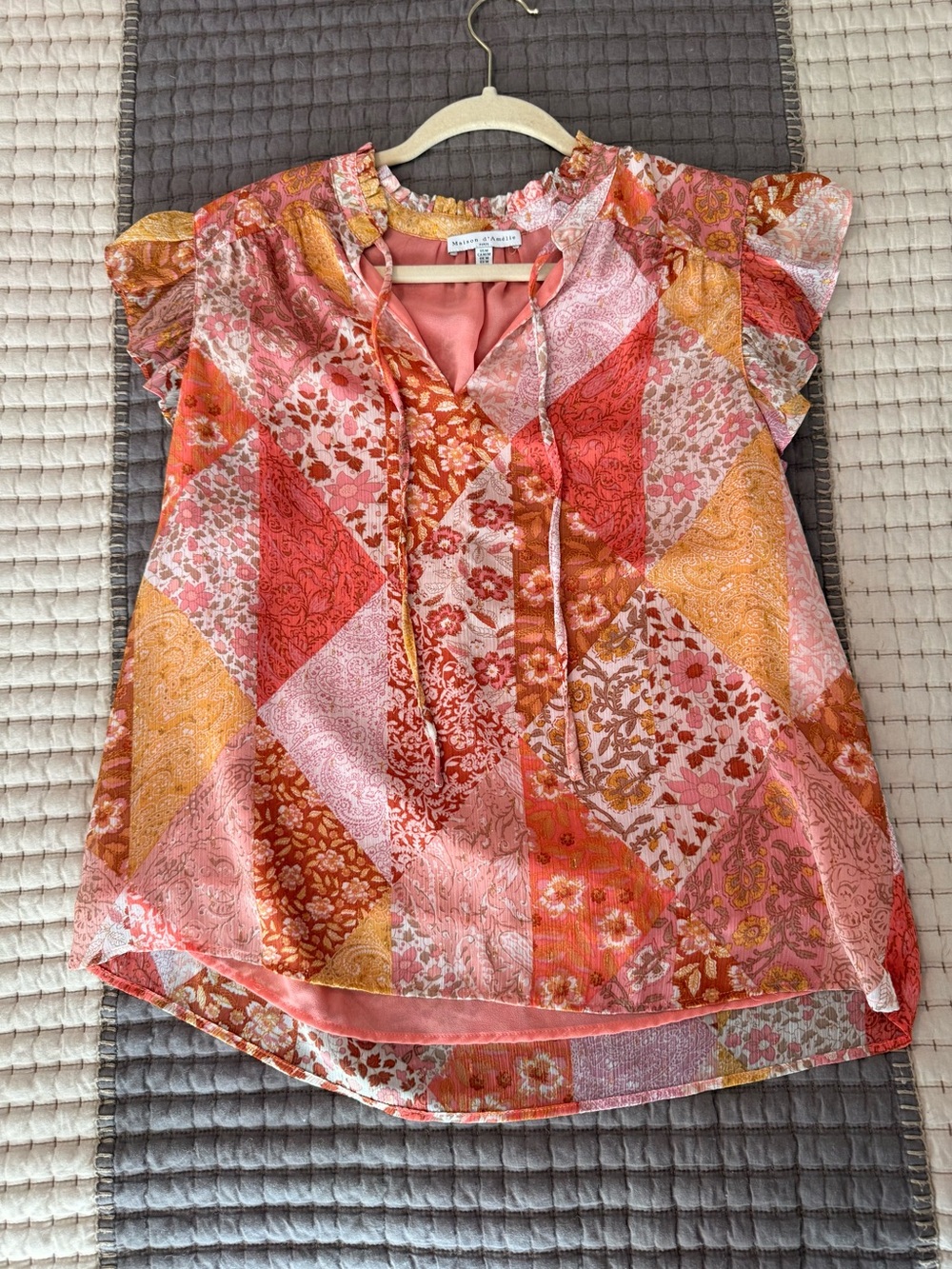 Mixed Floral Patchwork Ruffle Sleeve Blouse - Pink/Coral